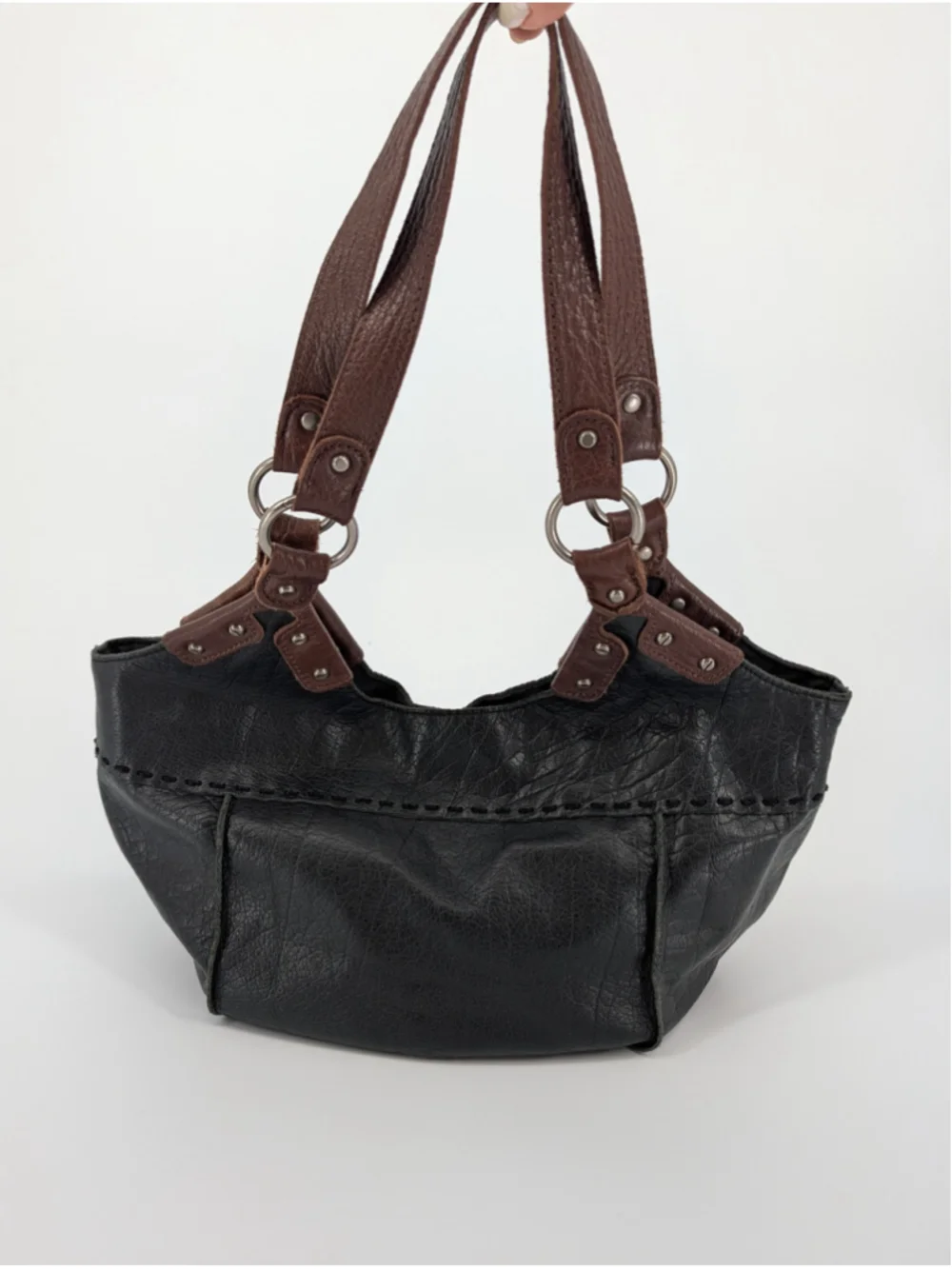 The Sak Black Crinkle Leather Hobo Shoulder Bag Brown Straps Whipstitch Boho